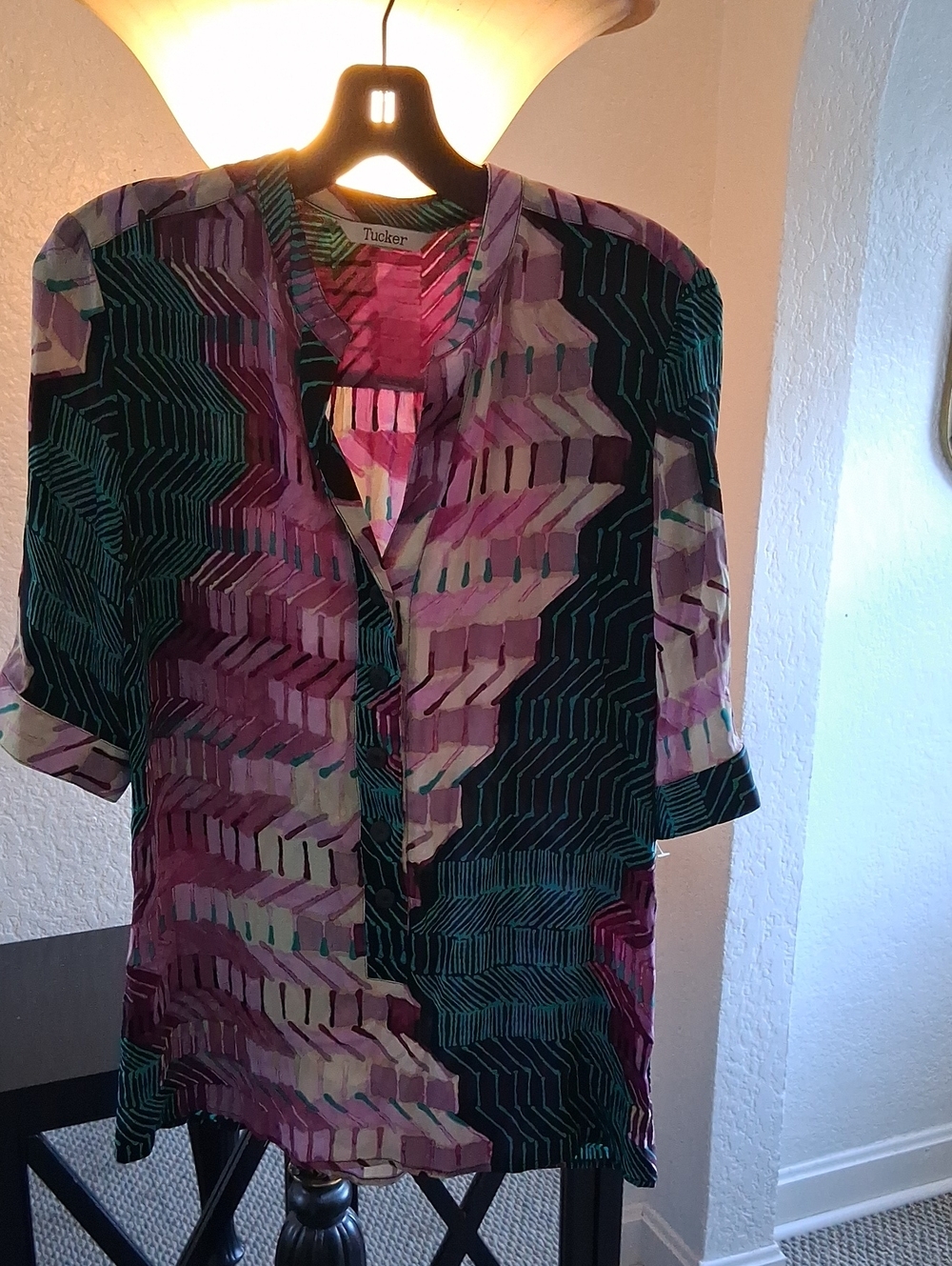 Tucker Multicolor Geometric Print Long Sleeve Top - Purple, Pink, Teal, Black